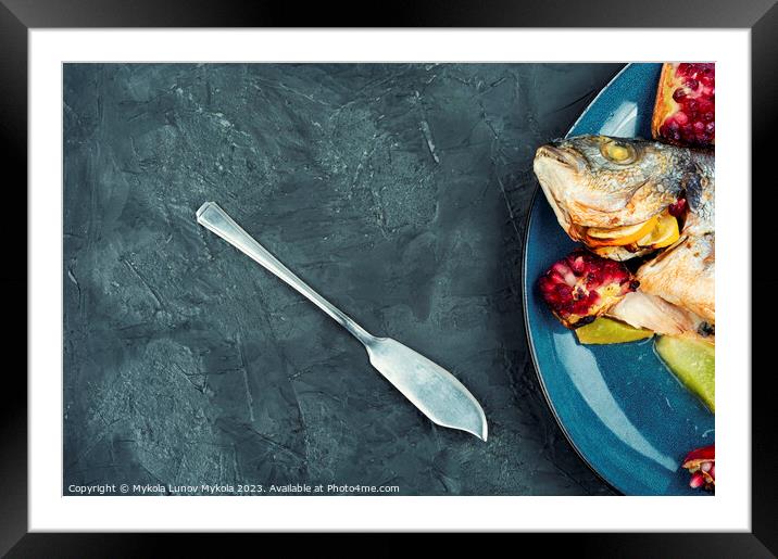 Dorado fish cooked with melon, copy space. Framed Mounted Print by Mykola Lunov Mykola