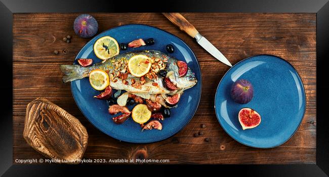 Baked sea bream dorada fish with figs. Framed Print by Mykola Lunov Mykola