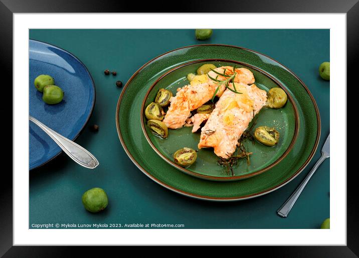 Roasted salmon fillet steak with mini kiwi. Framed Mounted Print by Mykola Lunov Mykola
