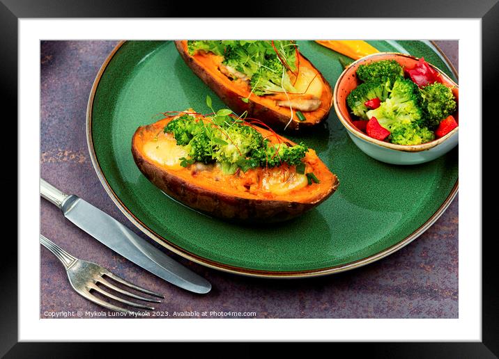 Baked sweet potato, yam with vegetable filling. Framed Mounted Print by Mykola Lunov Mykola