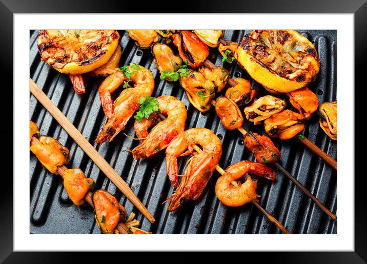 Grilled shrimp and mussels skewers Framed Mounted Print by Mykola Lunov Mykola