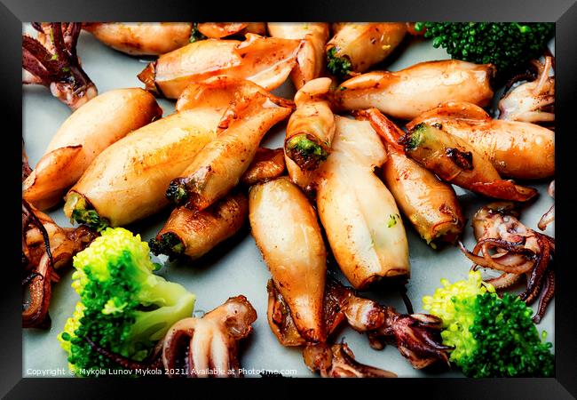 Grilled squids in plate Framed Print by Mykola Lunov Mykola