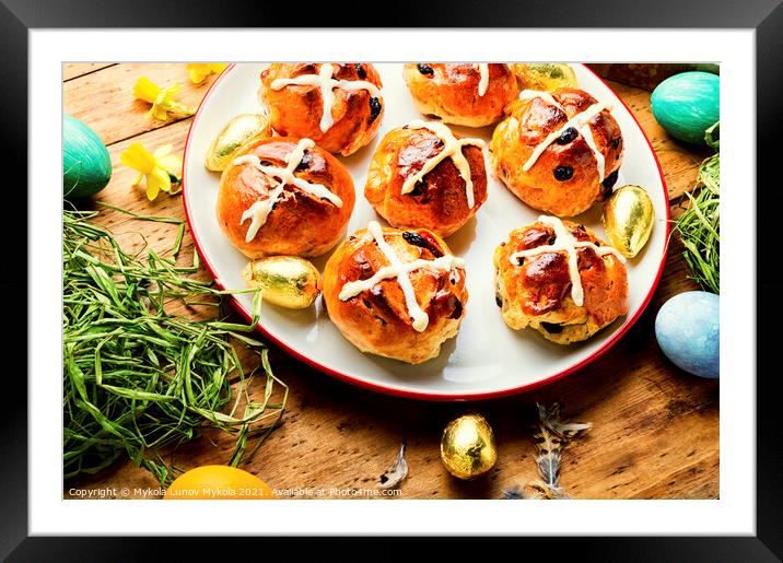 Easter hot cross buns on plate Framed Mounted Print by Mykola Lunov Mykola