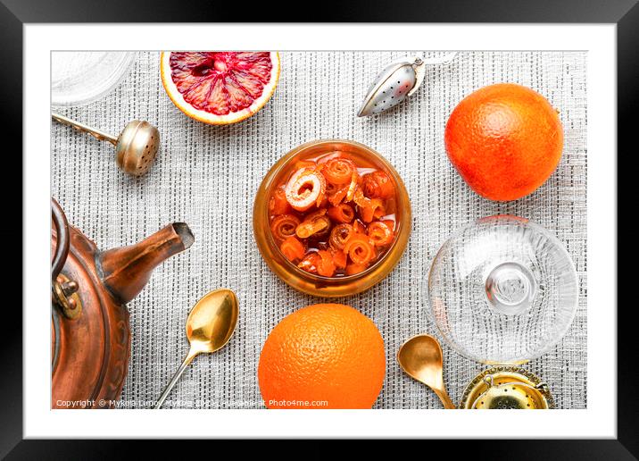 Orange fruit jam in stylish glass jar,top view Framed Mounted Print by Mykola Lunov Mykola