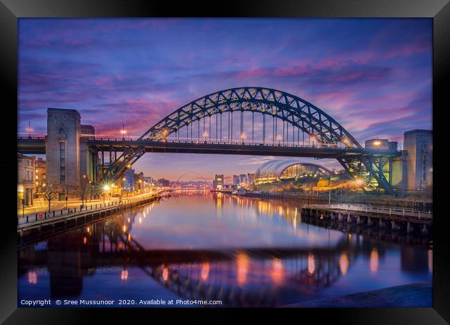 Newcastle Tyne bridge and Gateshead quayside Framed Print by Sree Mussunoor