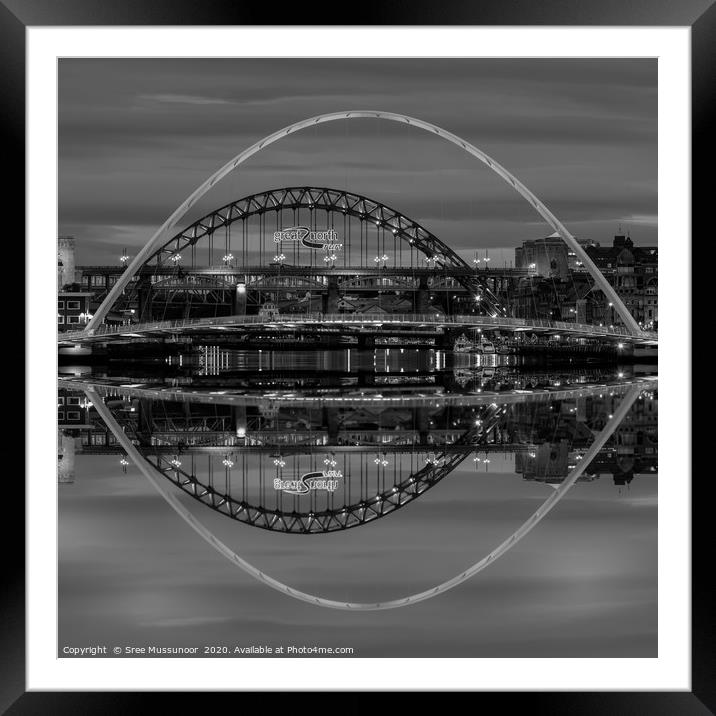 Newcastle Tyne and Millennium bridges reflections  Framed Mounted Print by Sree Mussunoor