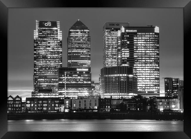 Docklands Canary Wharf sunset BW Framed Print by David French