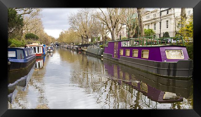 Regents Canal narrow boats Framed Print by David French