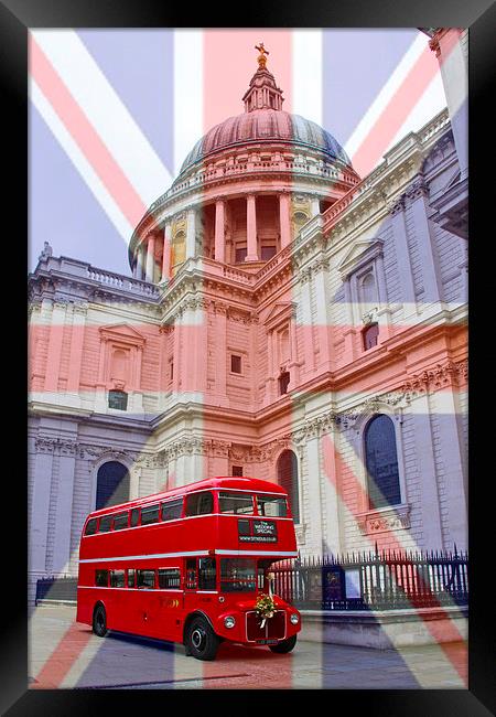 Red Bus and St Pauls Union Jack Flag Framed Print by David French