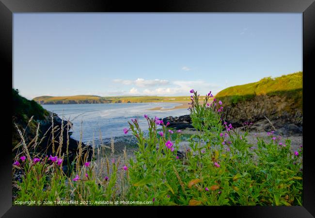 Newport  beach framed with coastal purple flowers Framed Print by Julie Tattersfield