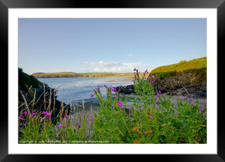 Newport  beach framed with coastal purple flowers Framed Mounted Print by Julie Tattersfield