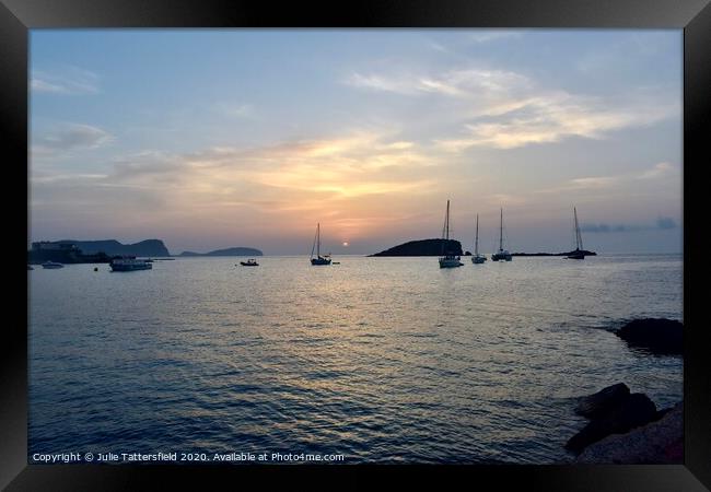 Es Cana Ibiza sunrise just peaking through at 5.08 Framed Print by Julie Tattersfield