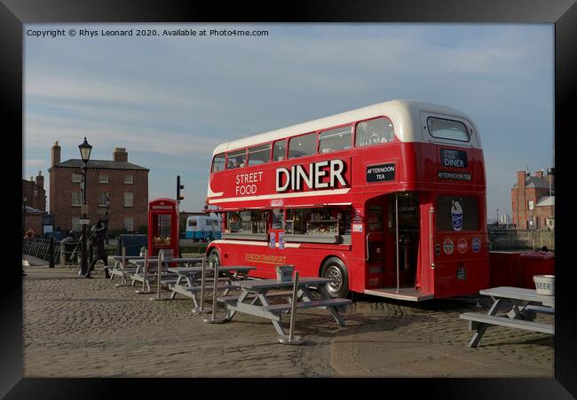 Street food diner bus at the royal albert dock, Liverpool, in sunlight. Framed Print by Rhys Leonard