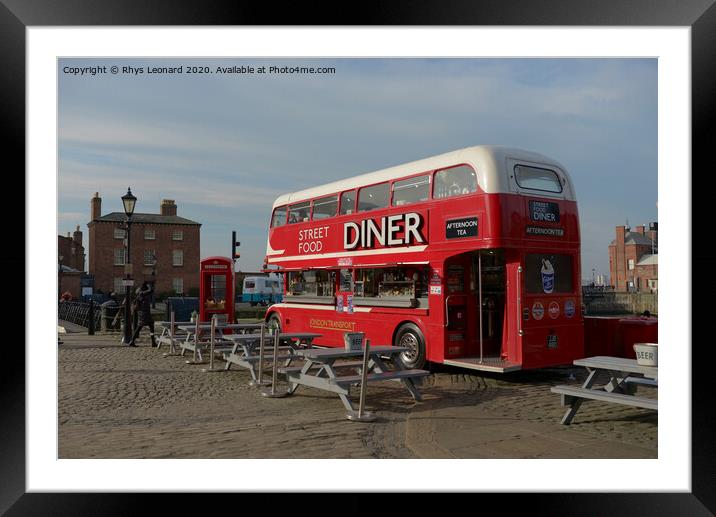Street food diner bus at the royal albert dock, Liverpool, in sunlight. Framed Mounted Print by Rhys Leonard