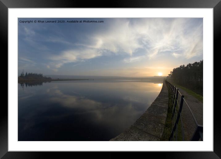 Mirrored sunset in water at redmires reservoir, fish eye perspective Framed Mounted Print by Rhys Leonard