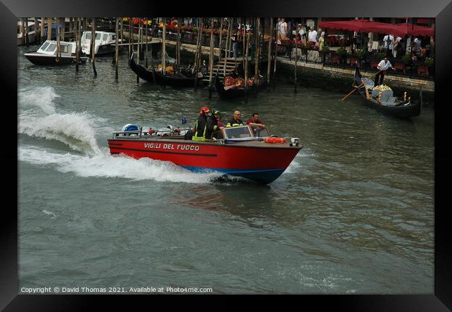 Fiery Rescue on Venice's Grand Canal Framed Print by David Thomas