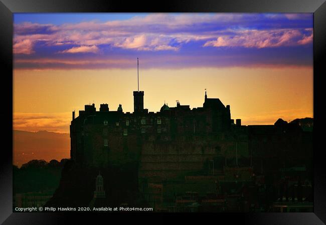 Edinburgh Castle sunset silhouette  Framed Print by Philip Hawkins