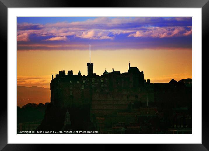 Edinburgh Castle sunset silhouette  Framed Mounted Print by Philip Hawkins
