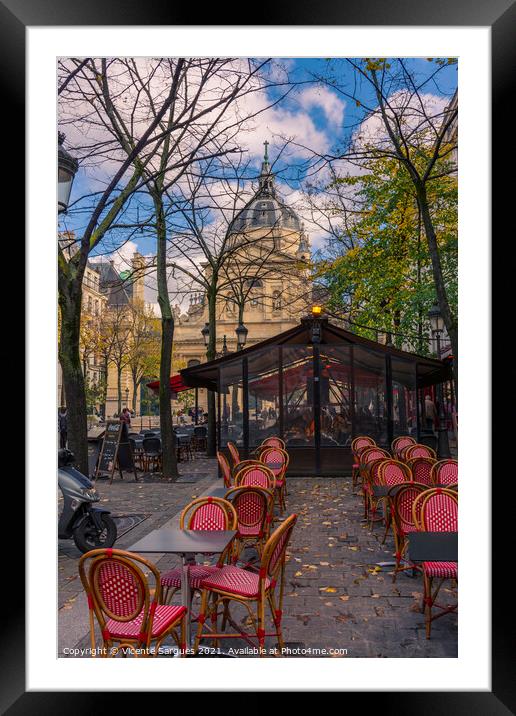 Terrace bar in front of the church Framed Mounted Print by Vicente Sargues