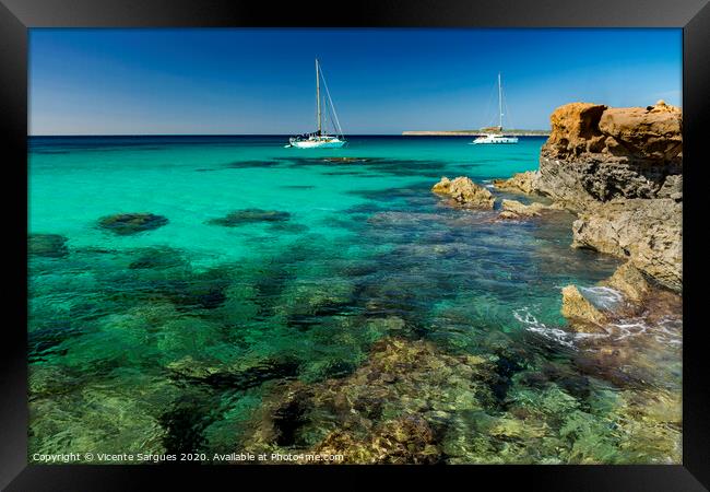 Two sailboats and rocky coast Framed Print by Vicente Sargues