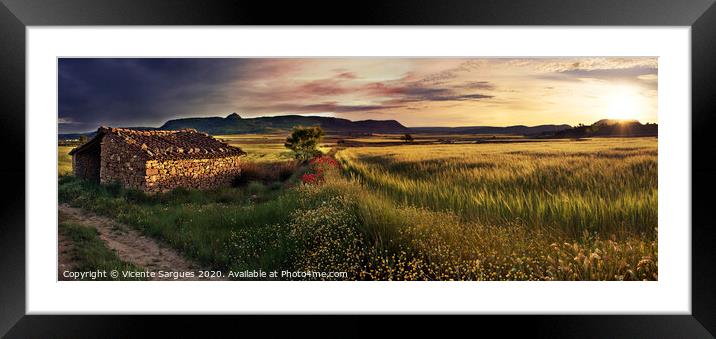 Hut of the shepherd and fields. Panoramic version Framed Mounted Print by Vicente Sargues