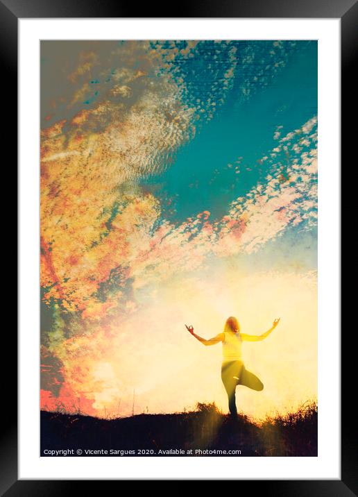 Woman practicing yoga at sunrise Framed Mounted Print by Vicente Sargues