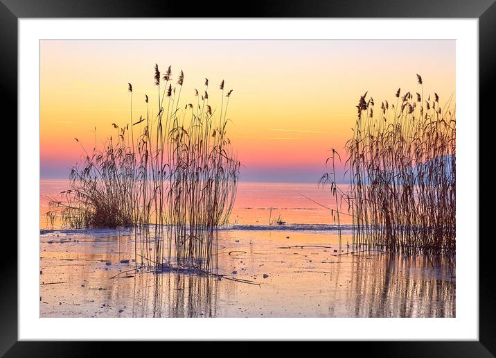Winter sunset over the lake Framed Mounted Print by Arpad Radoczy
