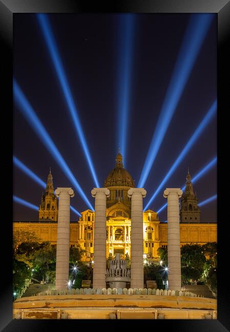 Night view of Magic Fountain light show in Barcelo Framed Print by Arpad Radoczy