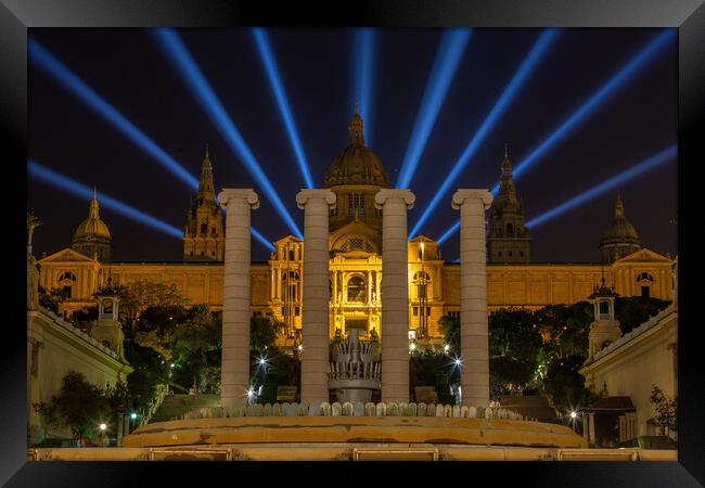 Night scene of Magic Fountain light show in Barcel Framed Print by Arpad Radoczy