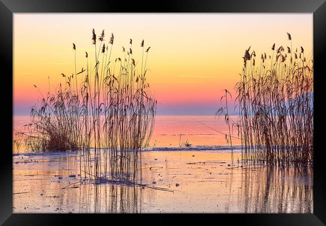 Winter sunset over the lake Balaton of Hungary Framed Print by Arpad Radoczy
