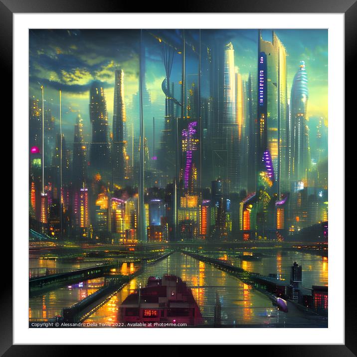 Abstract  cyberpunk city Framed Mounted Print by Alessandro Della Torre