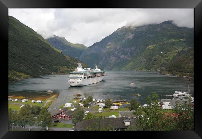 travel Cruise boat stopped into Geirangerfjord, Norway,  in the background Framed Print by Alessandro Della Torre