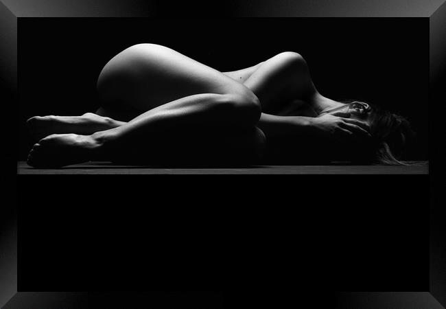 Nude woman fine art naked lying sleeping on black Framed Print by Alessandro Della Torre