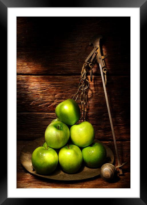green apples on top of a wooden table Framed Mounted Print by Alessandro Della Torre
