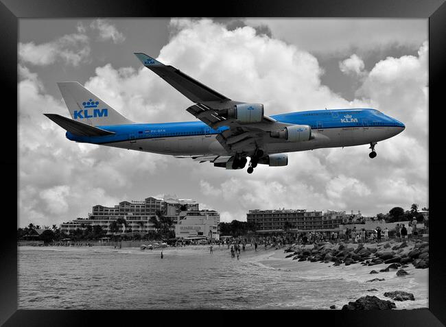 KLM Boeing747 landing over Maho beach Sint Maarten Framed Print by Allan Durward Photography