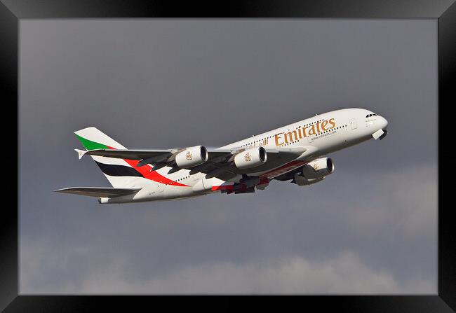 Emirates A-380 climbing away Framed Print by Allan Durward Photography