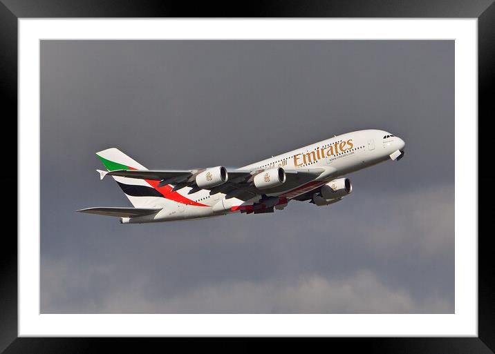 Emirates A-380 climbing away Framed Mounted Print by Allan Durward Photography