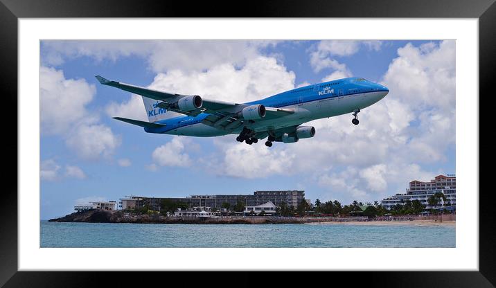 KLM Boeing 747 approching Sint Maarten Framed Mounted Print by Allan Durward Photography
