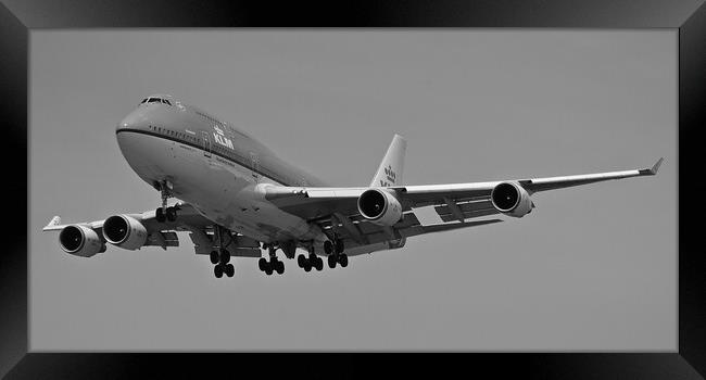 KLM Boeing 747  landing over Maho beach (b/w) Framed Print by Allan Durward Photography