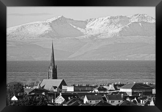 Mountains on Arran and Ayr church steeple Framed Print by Allan Durward Photography