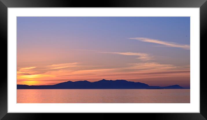 Arran silhouetted at sunset, viewed from Prestwick Framed Mounted Print by Allan Durward Photography