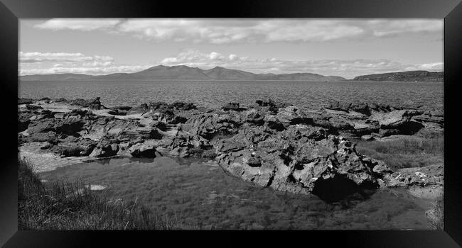 Isle of Arran and Portencross rocks monochrome Framed Print by Allan Durward Photography