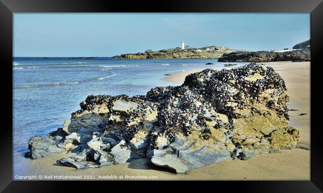 Godrevy Lighthouse From Gwithian Beach. Framed Print by Neil Mottershead