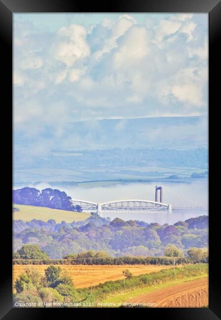 Clouds & Mist Over The Tamar Bridges. Framed Print by Neil Mottershead