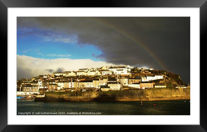 Rainbow & Dark Skies Over Mevagissey. Framed Mounted Print by Neil Mottershead