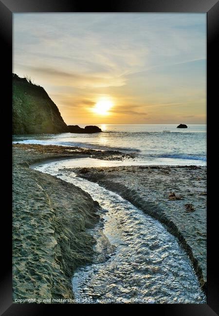 Stream & Sunrise, Millendreath Beach, Cornwall. Framed Print by Neil Mottershead