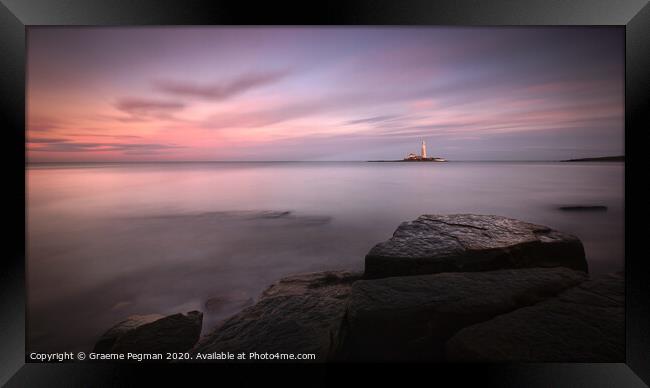 Sunset at St Mary's Lighthouse, Whitley Bay, UK Framed Print by Graeme Pegman