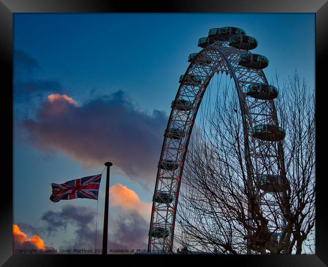 Majestic London Eye with Union Jack Framed Print by Jesus Martínez