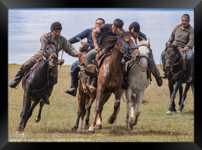 Closeup shot of men riding horses in a field, Son Kul, Kyrgyzsta Framed Print by Frank Bach