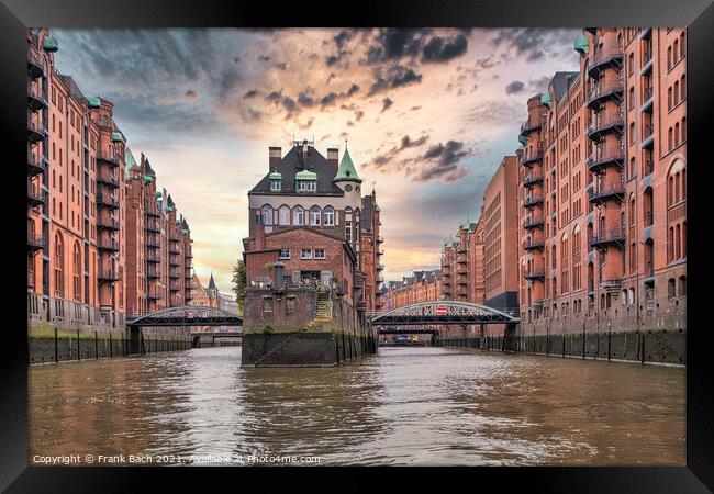Canals and warehouses in Speicherstadt of Hamburg, Germany Framed Print by Frank Bach